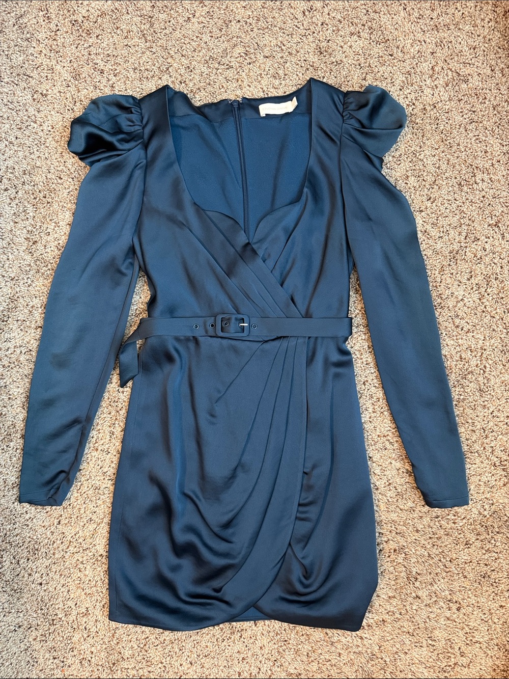 Jonathan Simkhai Navy Long-Sleeve Puff-Shoulder Dress with Belt